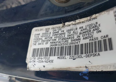 2003 Toyota Corolla S из США, поврежденный, VIN 1NXBR32E53Z186247